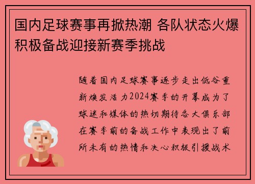 国内足球赛事再掀热潮 各队状态火爆积极备战迎接新赛季挑战