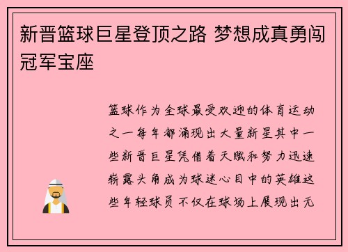 新晋篮球巨星登顶之路 梦想成真勇闯冠军宝座