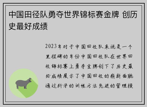 中国田径队勇夺世界锦标赛金牌 创历史最好成绩