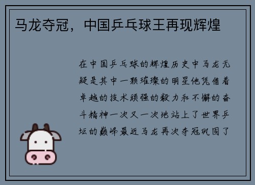 马龙夺冠，中国乒乓球王再现辉煌