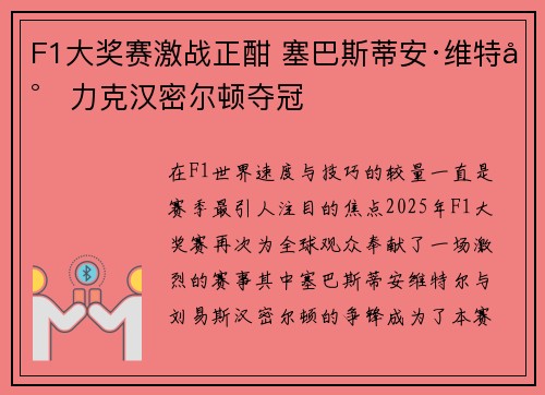 F1大奖赛激战正酣 塞巴斯蒂安·维特尔力克汉密尔顿夺冠